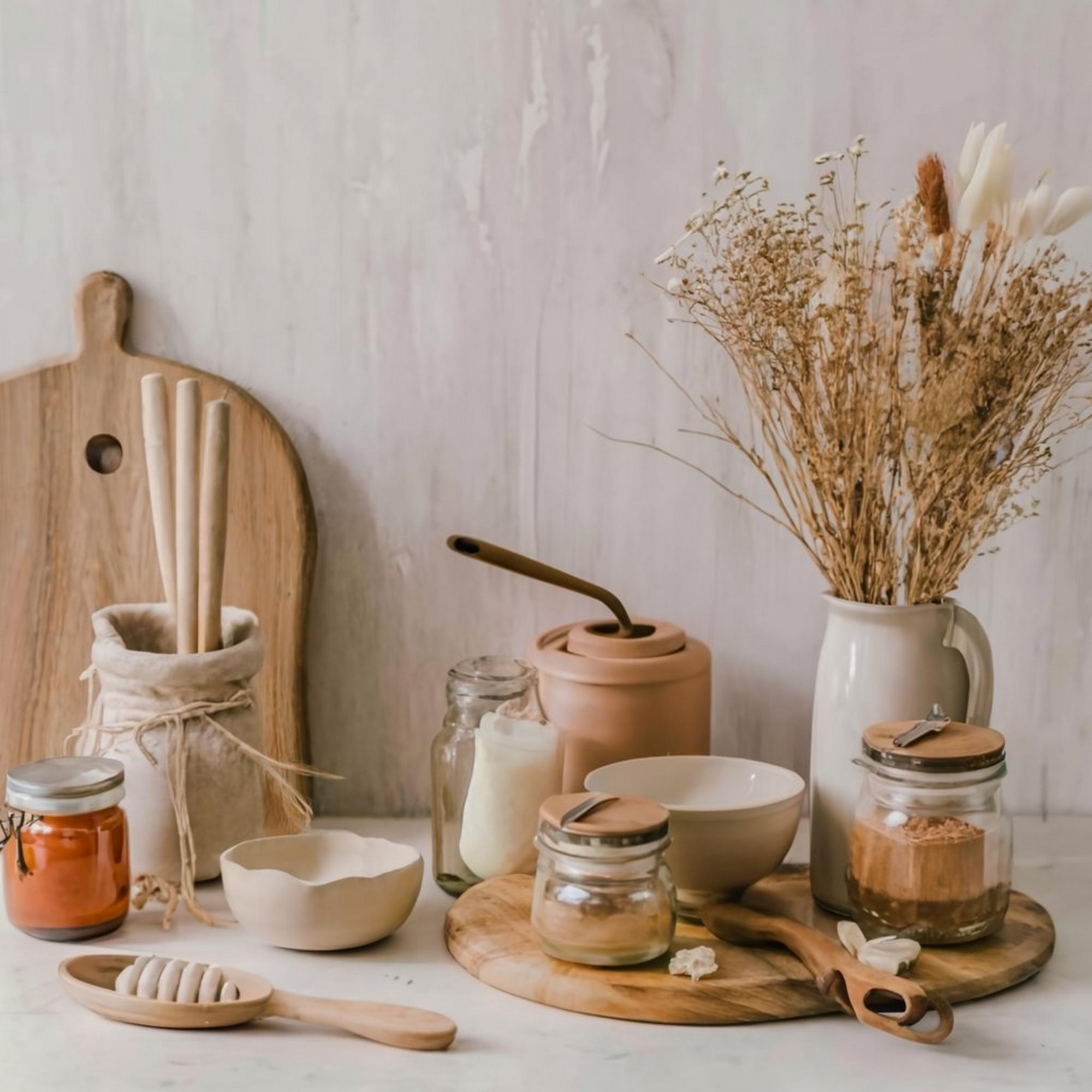 Light-filled studio kitchen with jars and utensils